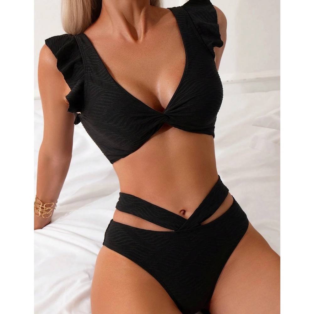 Black Ruffle Sleeve High Waist Swim Beach Bikini - Picture 1 of 4